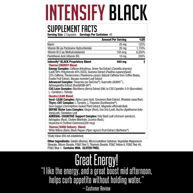 NDS Nutrition Intensify Black - Thermogenic Blend with Teacrine for Fat and Water Loss - Boost Metabolism, Burn Calories, Help Suppress Appetite - Improve Body Tone, Muscle Definition - 90 Capsules