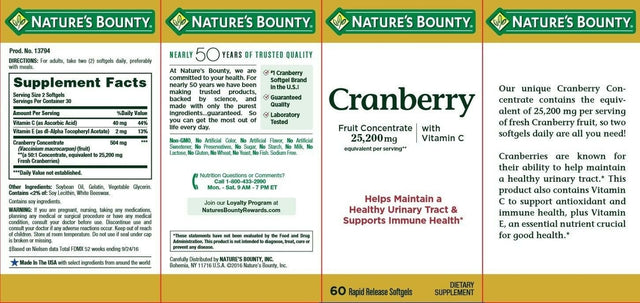 Nature'S Bounty Triple Strength Cranberry with Vitamin C, 25,200 Mg, 60 Softgels