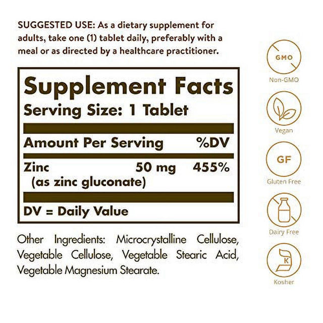 Solgar Zinc 50 Mg, 100 Tablets - Zinc for Healthy Skin, Taste & Vision - Immune System & Antioxidant Support - Supports Cell Growth & DNA Formation - Non GMO, Vegan, Gluten Free - 100 Servin