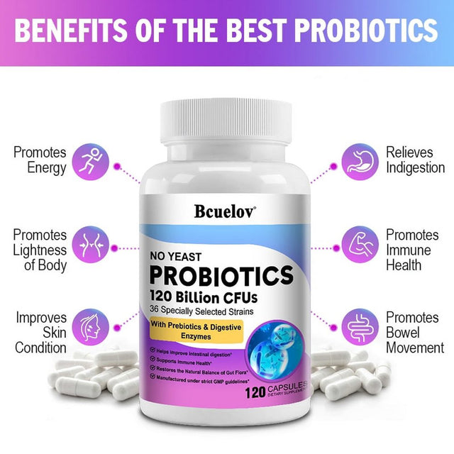 Bcuelov Probiotics 120 Billion CFU - 36 Strains with Prebiotics & Digestive Enzymes, Gut Digestive & Immune Support