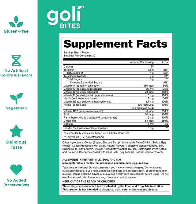 Goli Nutritional Supplement, Multi Vitamin Chewable Bites - 30 Count - Milk Chocolate Vanilla Cocoa Flavor 10+ Vitamins & Nutrients for Overall Health & Wellbeing, Immune, Nervous System Support