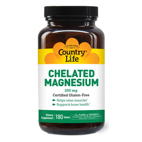 Country Life Chelated Magnesium Tablets 250Mg, 180 Count, Certified Gluten Free, Certified Vegan