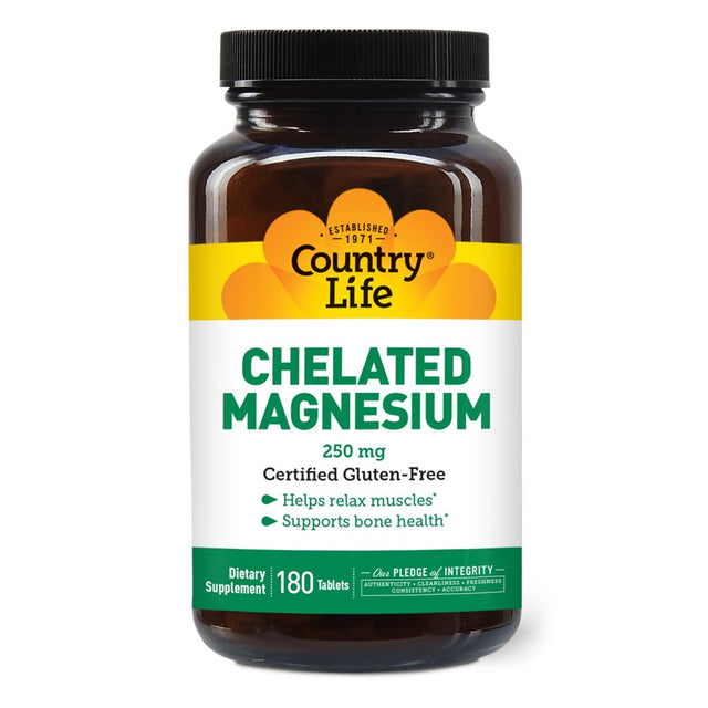 Country Life Chelated Magnesium Tablets 250Mg, 180 Count, Certified Gluten Free, Certified Vegan