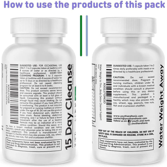 Youth & Tonic Water & Waste Away Pills for Belly Bloating and Swelling for a Thin Waistline & Slender Body as 2X Diet Support Supplements/Water Weigh Away + 15 Day Colon Cleanse 60 + 30 Capsules