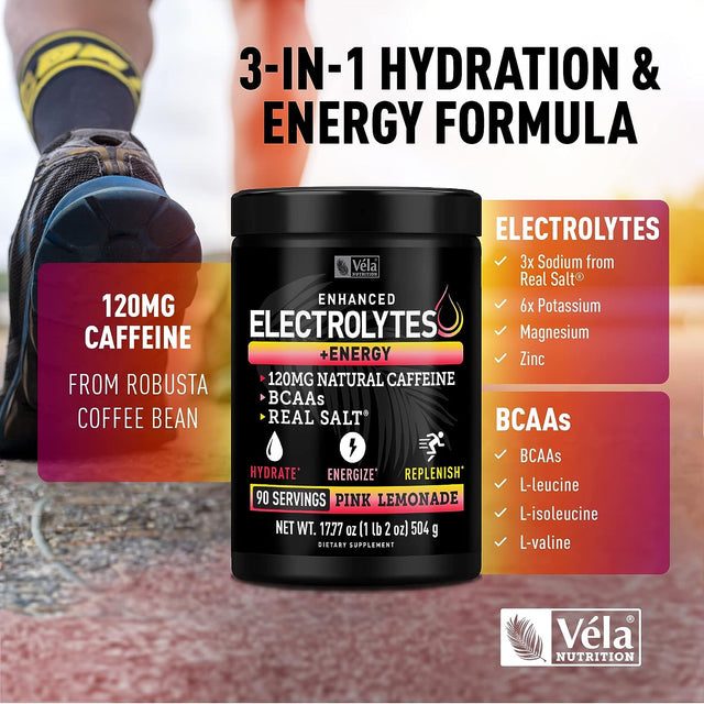 Electrolyte Powder Recovery Drink + Energy (90 Servings | Pink Lemonade) W Real Salt +Bcaas Sugar Free Electrolyte Supplement W Potassium Zinc & Magnesium