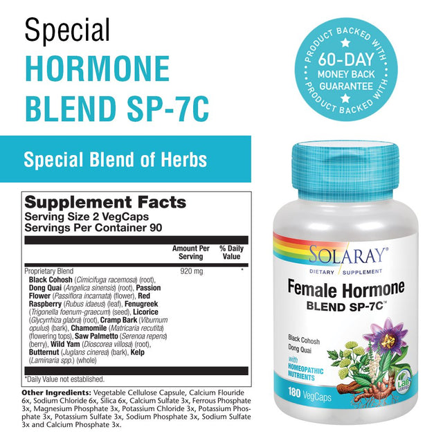 Solaray Female Hormone Blend SP-7C | Herbal Blend Includes Black Cohosh, Dong Quai, Passion Flower, Saw Palmetto, Wild Yam & More | 180 Vegcaps