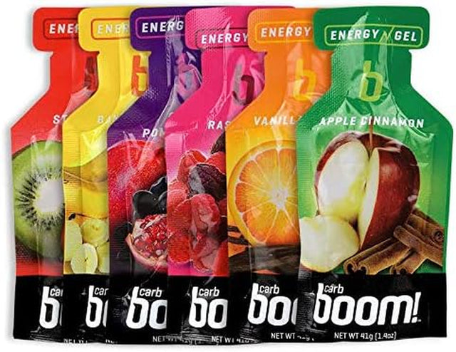 Boom Nutrition - Carb Boom Energy Gel - Fruit-Flavored Energy Gels - Workout Gel - Energy Gel for Cycling - Running Gel - Natural Energy Gel - Variety 6 Flavors (4 Each) - 24 Pack