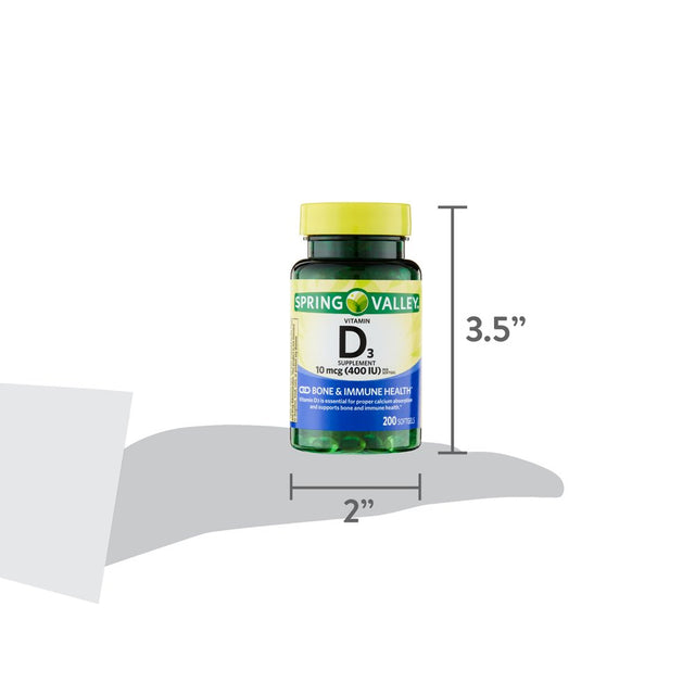 Spring Valley Vitamin D3 Supplement, 10 Mcg (400 IU), 200 Softgels