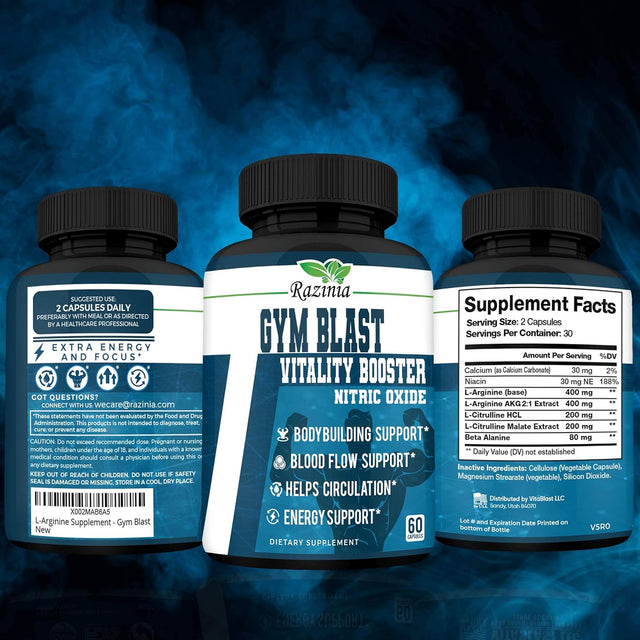 Gym Blast - X10 Strength Nitric Oxide Supplement W/ Beta Alanine, L Arginine, & L Citrulline - Muscle Growth, Pumps, Vascularity, & Energy - Extra Power Pre Workout N.O. Booster & Builder - 60 Pills