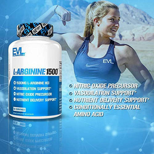 Evlution Nutrition L-Arginine 1500 Mg, Ultra-Pure Nitric Oxide Supplement, Muscle Growth and Vascularity, Energy and Stamina, Powerful NO Booster, Essential Amino Acids (50 Servings)