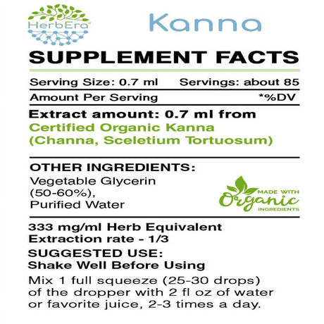 Kanna Alcohol-Free Herbal Extract Tincture, Super-Concentrated Organic Kanna (Channa, Sceletium Tortuosum) Dried Plant 2 Oz