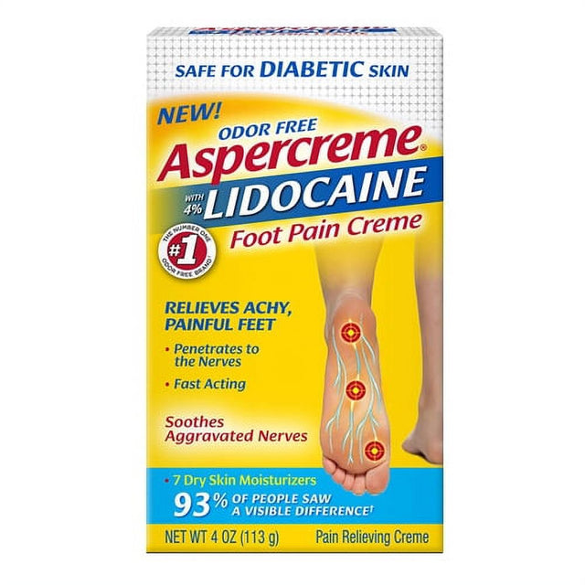 Aspercreme Lidocaine Foot Pain Creme Safe for Diabetic Skin, 4 Oz