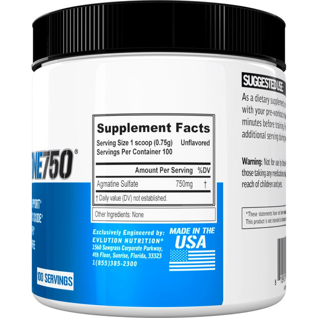 Agmatine Sulfate Powder 750Mg - Evlution Nutrition Agmatine Supplement for Vasodilation Support - Pre Workout Nitric Oxide Powder 100 Servings