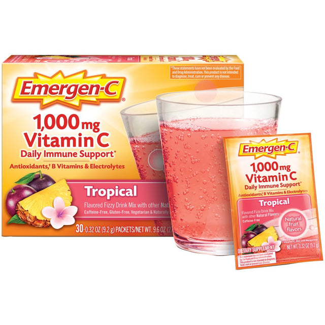 Emergen-C 1000Mg Vitamin C Powder, with Antioxidants, B Vitamins and Electrolytes for Immune Support, Caffeine Free Vitamin C Supplement Fizzy Drink Mix, Tropical Flavor - 30 Count/1 Month Supply