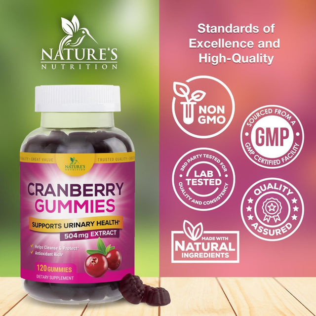 Nature'S Nutrition Cranberry Urinary Tract Health Gummies + Vitamin C - 25,000Mg - Triple Strength Cranberry Concentrate Extract Supplement Pills, Ultimate Potency, Non-Gmo, Gluten Free - 120 Gummies