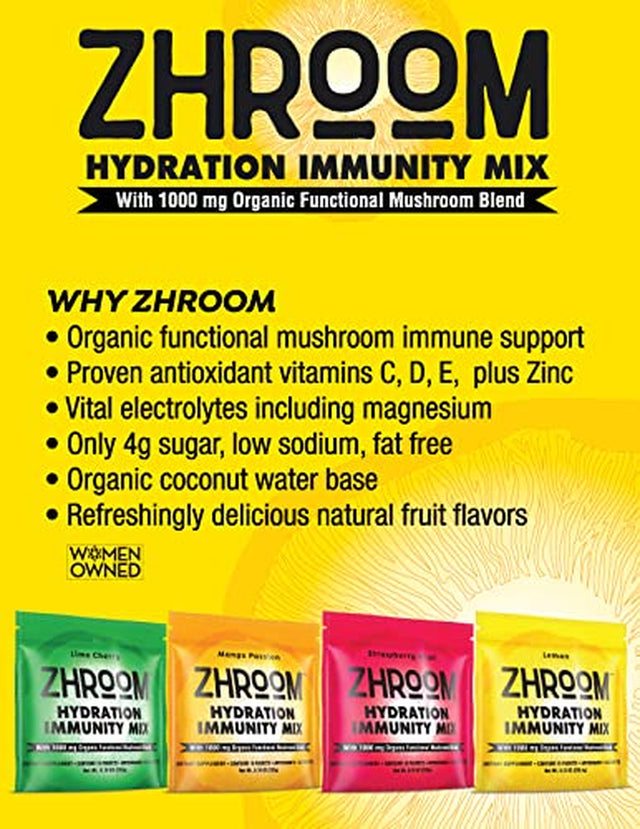 ZHROOM Hydration Immunity Mix Strawberry Kiwi- |Antioxidant&Electrolyte Supplement Drink Mix Powder with 1000Mg Organic Functional Mushroom Blend|Refreshing&Thirst Quenching Immune Support(Pack of 16)