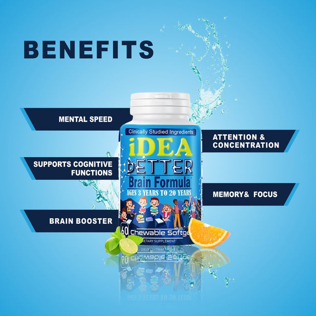 Idea Better Brain Focus Booster for Kids, Chewable Kids Vitamin, Multivitamin for Kids, Memory, Supports Focus, Clarity, Concentration, 60 Chewable Softgels by Celebrity Lifestyle