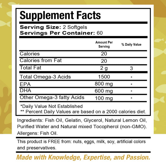 Omega 3 Fish Oil Lemon Flavor Premium by Health Dose, 120 Softgels 2 Month, 2000Mg Triple Strength with EPA + DHA, Immune Support, Heart, Brain, Joints & Skin, No More Fish Burps, Gluten-Free, Non-Gmo