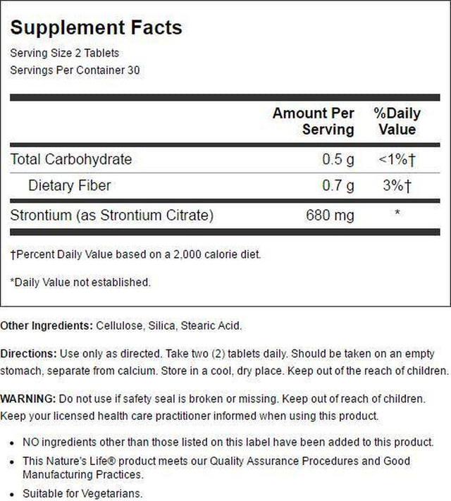 Nature'S Life Strontium 680Mg | Helps Support Strong Bones & Teeth, Healthy Bone Density, Joint Health | Non-Gmo & No Gluten | 60 Vegetarian Tablets