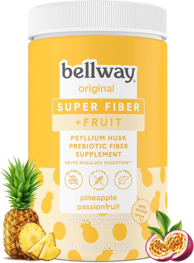 Bellway Super Fiber Powder + Fruit, Sugar Free Organic Psyllium Husk Powder Fiber Supplement for Regularity, Bloating Relief & Gut Health, Non-Gmo, Plant-Based, Pineapple Passion Fruit (12.9 Oz)