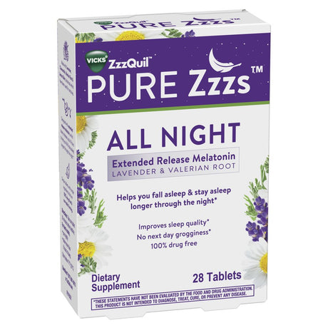 PURE Zzzs All Night Extended Release, Adult Sleep Aid Tablets, 2 Mg Melatonin Tablets, 28 Ct