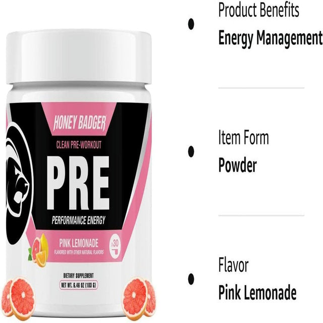 Honey Badger Pre Workout Powder, Keto Vegan Preworkout for Men & Women with Vitamin C for Immune Support, Beta Alanine & Caffeine, Sugar Free Natural Energy Supplement, Pink Lemonade, 30 Servings