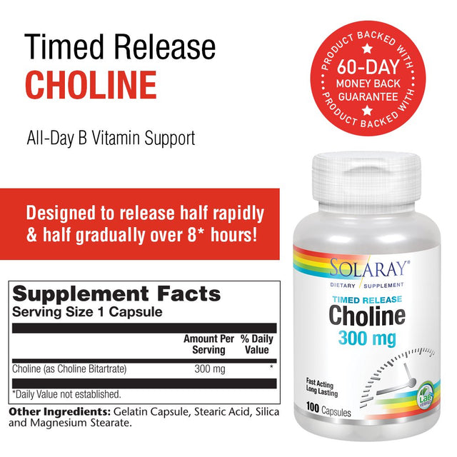 Solaray Choline, Two-Stage Timed-Release 300Mg | B Vitamin for Healthy Brain Function & Cardiovascular Support | Non-Gmo | 100 Capsules