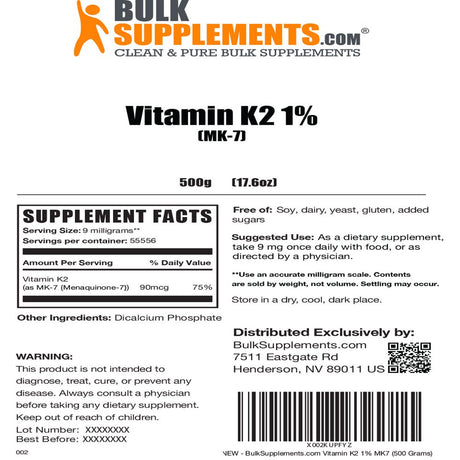 Bulksupplements.Com Vitamin K2 MK7 Powder (500 Grams)