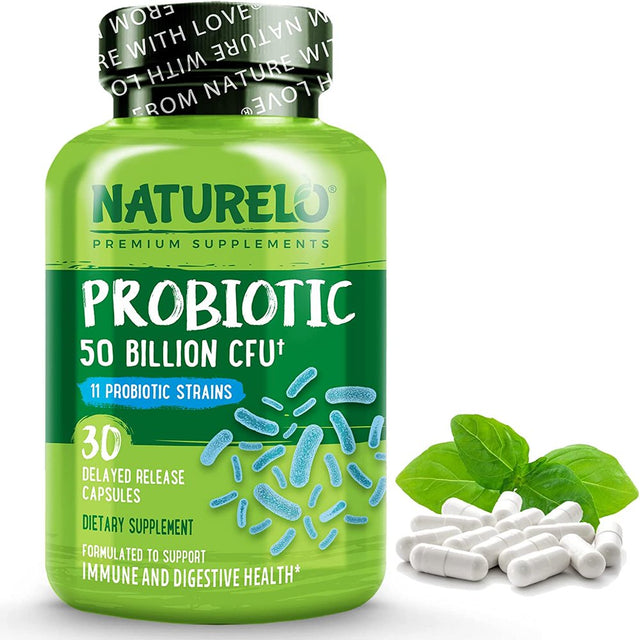 NATURELO Probiotic Supplement - 50 Billion CFU - 11 Strains - One Daily - Helps Support Digestive & Immune Health - Delayed Release - No Refrigeration Needed - 30 Vegan Capsules