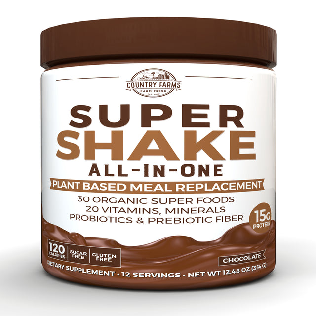 Country Farms All-In-One Super Shake Meal Replacement Dietary Supplement, with Superfoods, Vitamins, Probiotics and Prebiotics, Superfoods, 12.48 Oz., 12 Servings