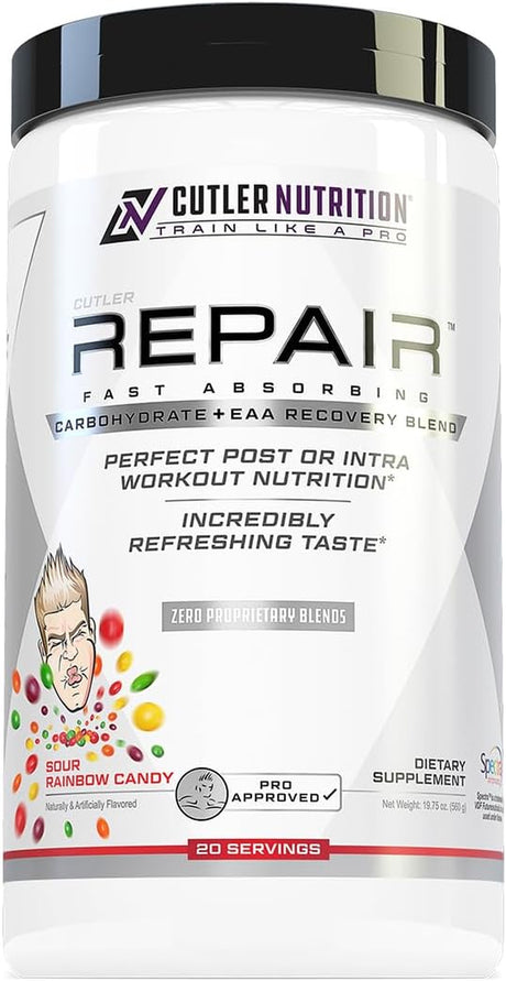 Repair Post Workout Recovery Drink: Fast Absorbing Carbohydrates (Waxy Maize + Cluster Dextrin) and BCAA/EAA for Advanced Muscle Recovery, Sour Rainbow Candy, 20 Servings