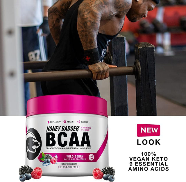 Honey Badger Pre Workout Powder & BCAA Amino Acids Powder Bundle | Beta Alanine, Caffeine & Vitamin C + Electrolytes | Vegan Keto Sugar Free & Paleo for Men & Women | 30 Servings (Wild Berry)