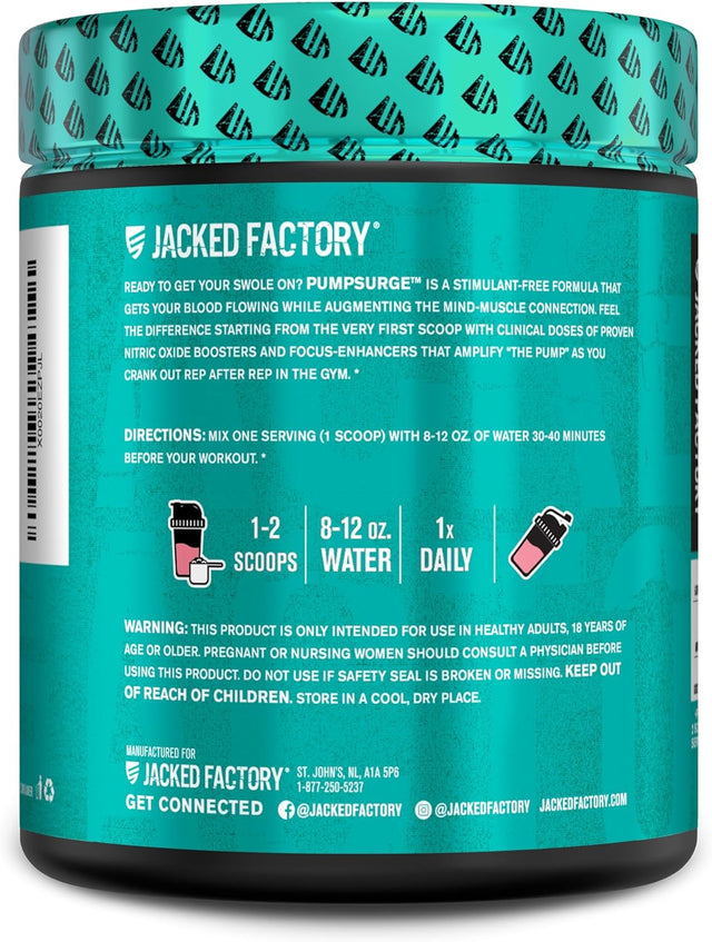 Jacked Factory Pumpsurge Caffeine Free Pre Workout for Men & Women - Stim Free Pre Workout Powder, NO Supplement & Nootropic Booster - Intense Pumps, Enhanced Focus - 30 Servings, Strawberry Lemonade