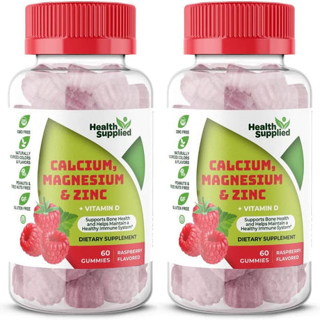 Health Supplied Calcium Magnesium & Zinc + Vitamin D Gummies 2 Pack | Bone Health Energy and Muscle Function | Fruity Raspberry Flavor