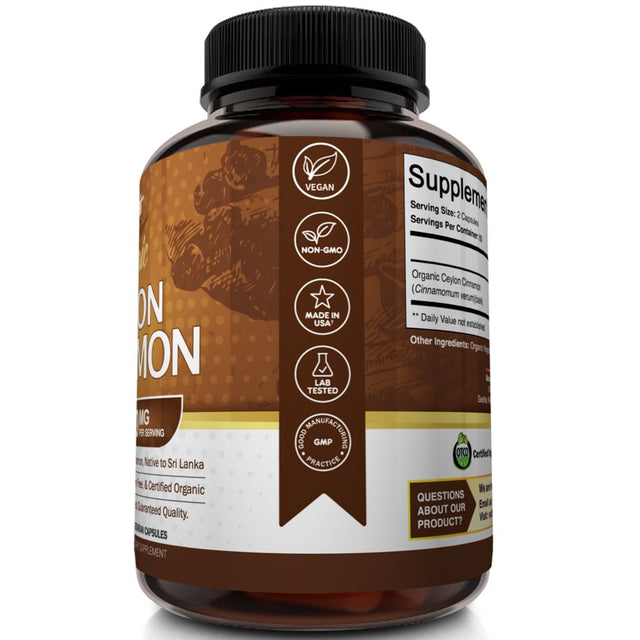 Nutriflair Organic Ceylon Cinnamon (USDA Certified) 1200Mg per Serving, 120 Capsules