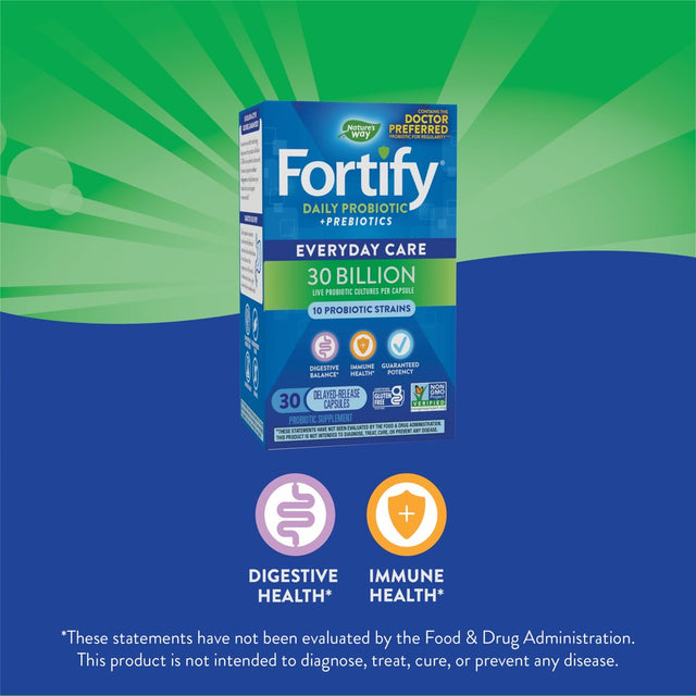 Fortify Everyday Care Probiotic Capsules, 30 Billion Live Cultures, Digestive Health*, Unisex, 30Ct