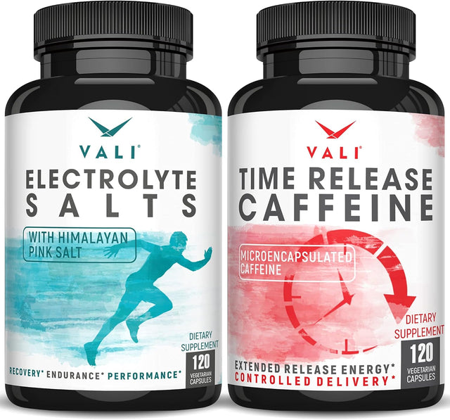 VALI Electrolyte Salts Time Release Caffeine Bundle - Rapid Oral Rehydration for Hydration Nutrition & Fluid Recovery and Smart Slow Release Caffeine for Extended Energy, Focus & Alertness