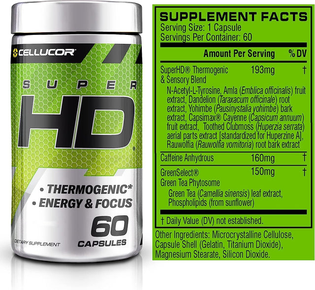 Cellucor Super HD for Men & Women - Enhance Focus and Increase Energy - Capsimax, Green Tea Extract, 160Mg Caffeine & More 60 Servings