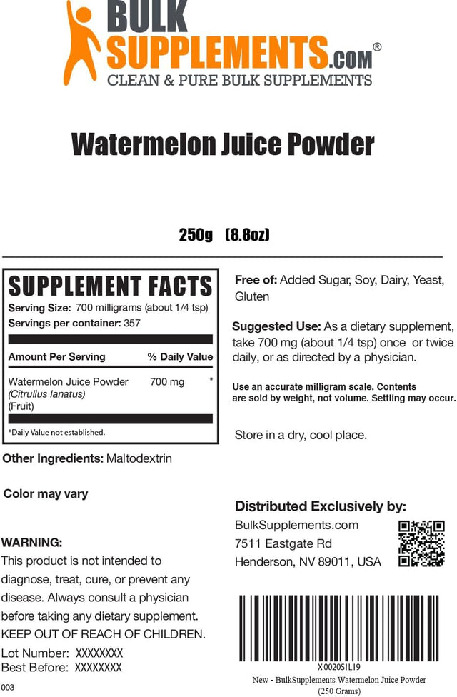 BULKSUPPLEMENTS.COM Watermelon Juice Powder - Watermelon Electrolyte - Vegan Drink Mix - Watermelon Energy Powder - Pure Watermelon Extract (250 Grams - 8.8 Oz)