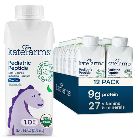 Kate Farms Pediatric Peptide 1.0, Sole-Source Nutrition Formula, Organic Enzymatically Hydrolyzed Plant-Based Protein Drink, Meal Replacement for Oral & Tube Feeding, 8.45 Fl. Oz., Vanilla, Case of 12