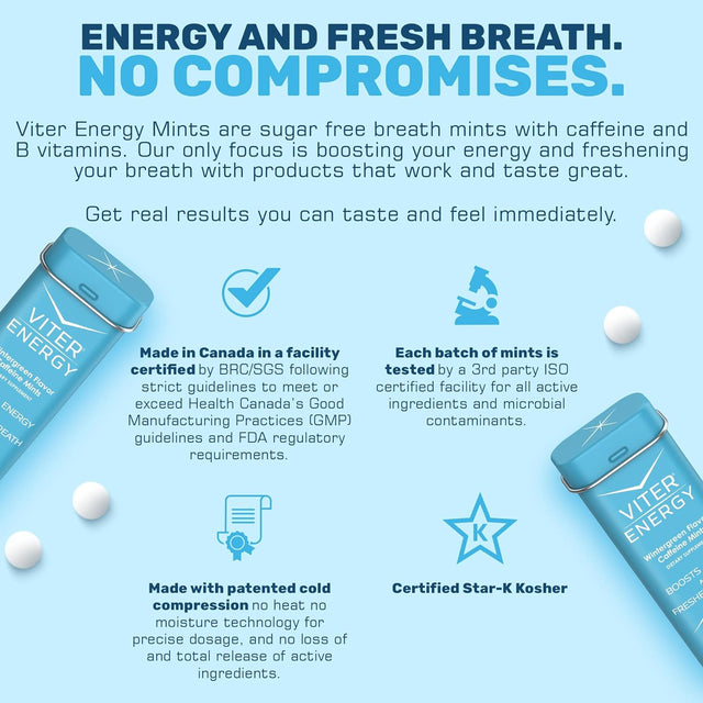 Viter Energy Original Caffeine Mints Wintergreen Flavor 6 Pack and 1/2 Pound Bulk Bag Bundle - 40Mg Caffeine, B Vitamins, Sugar Free, Vegan, Powerful Energy Booster for Focus and Alertness