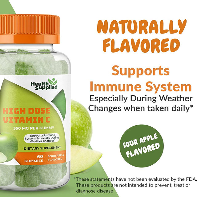 Health Supplied Vitamin C Immune Support Gummies 1050Mg | Natural Sour Apple Flavor Gummy | Vegan, Plant Based Pectin