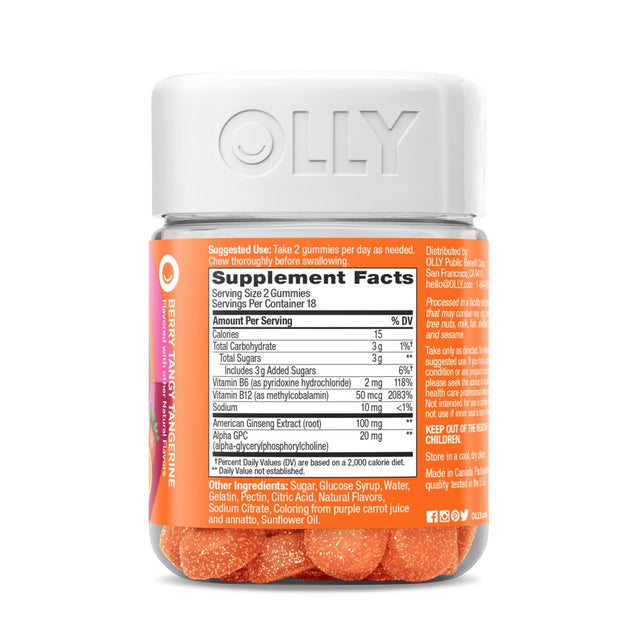 OLLY Laser Focus Gummy, Ginseng, Alpha GPC, B Vitamin, Supplement, Berry Tangerine, 36 Ct