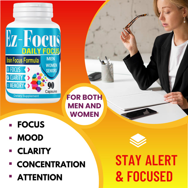 Ez-Focus Brain Supplements for Memory and Focus, Support Brain Health, Brain Focus Memory Supplements for Seniors & Adults, Brain Booster Vitamins and Supplements 90Ct Capsules