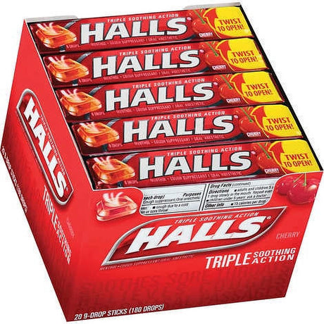 Halls Cherry Cough Drops - with Menthol - 180 Drops (20 Sticks of 9 Drops)