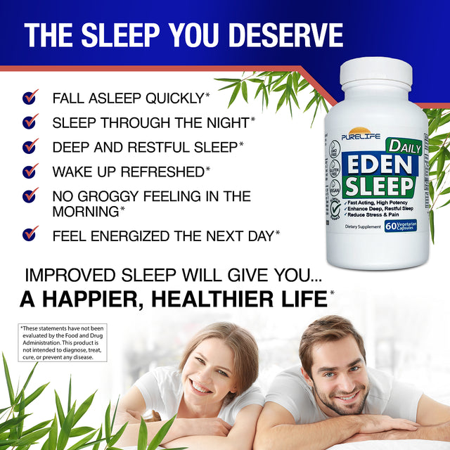 Purelife Supplements - Eden Daily Sleep [NEW GABA FREE FORMULA] – Fall Asleep Faster, Relax Your Muscles, Promote Deep and Restful Sleep (60 Vegan Capsules)