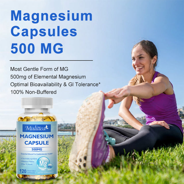 Mulittea Magnesium Capsules 500Mg Supports Muscle, Joint and Heart Health, Maximum Absorption Magnesium (Glycinate) Supplements, 120 Capsules