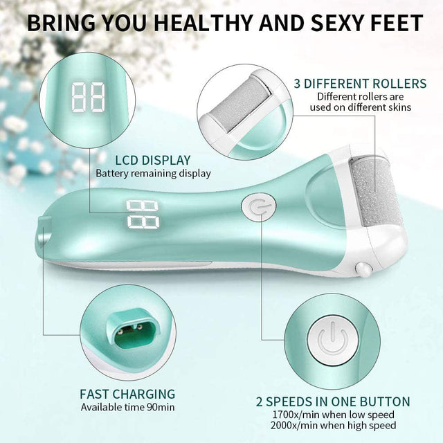 Callus Remover, Rechargeable Electronic Feet File Hard Skin Remover IPX7 Waterproof Pedicure Tool for Cracked Heels and Dead Skin, with 3 Coarse Roller Heads Foot Rasp (Green)