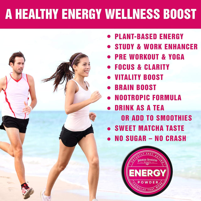 Energy Powder - Natural Caffeine | Focus & Brain Boost Formula | Nootropic - No Crash & No Sugar (20 Servings) Matcha Green Tea, Guarana, L-Theanine, Eleuthero – Plant Based Energy - 0 Cal | 1.1Oz