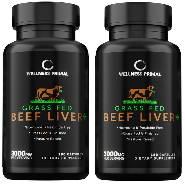 Wellness Primal Beef Liver plus Supplement (Desiccated) Grass Fed , Argentinian Raised Cattle Natural Iron, Vitamin A, B12 for Energy (180 Capsules) (2 Bottle)